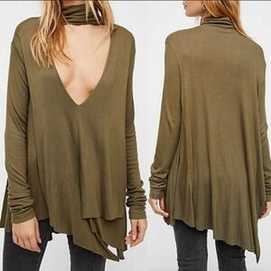 Free People Uptown Choker Turtleneck Boho Top Olive Green Small